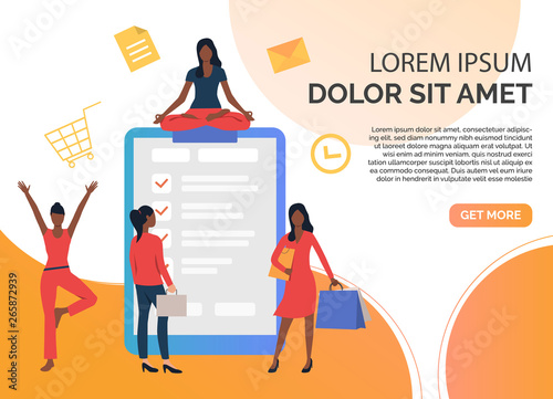 Want ad for shopping, fitness and working. Businesswoman, yoga instructor, customer. Online service concept. Vector illustration can be used for topics like business, internet, service