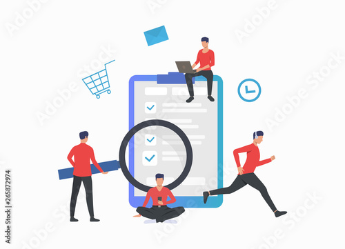 Working, jogging, resting men at pc tablet. Search, website, application. Online service concept. Vector illustration can be used for topics like business, internet, service