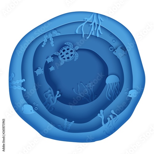 Paper cut butterflyfish, jellyfish, moonfish, turtle. Paper craft underwater ocean cave with fishes, coral reef, seabed in algae, waves. Diving concept, deep blue marine life. Vector sea wildlife.