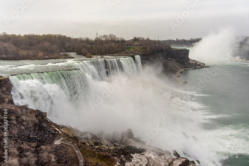 USA, Niagara Falls, April 2019: View of Niagara Falls with the side of United Stets of America