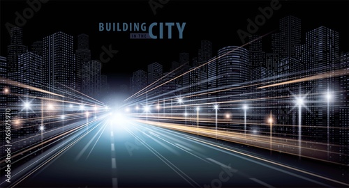 The light trails on the road and modern building vector
