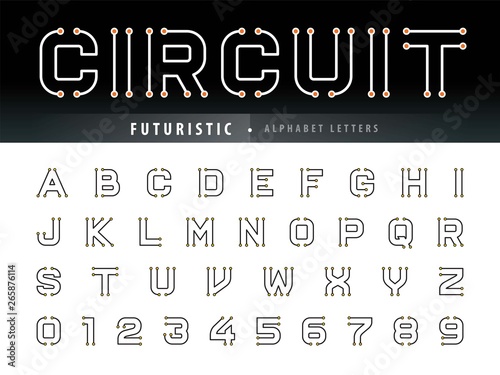 Vector of Circuit Alphabet Letters and numbers, Future Techno stylized fonts