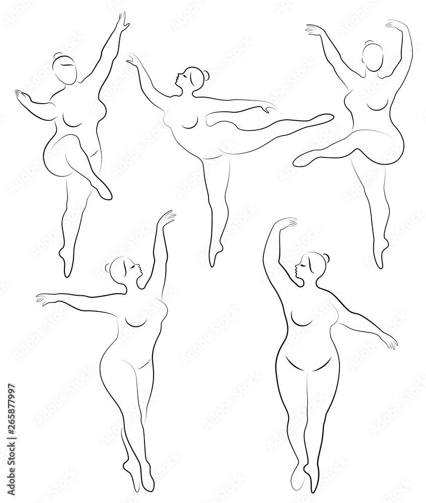 Vector illustration of overweight woman silhouettes. Black and white, differrent poses