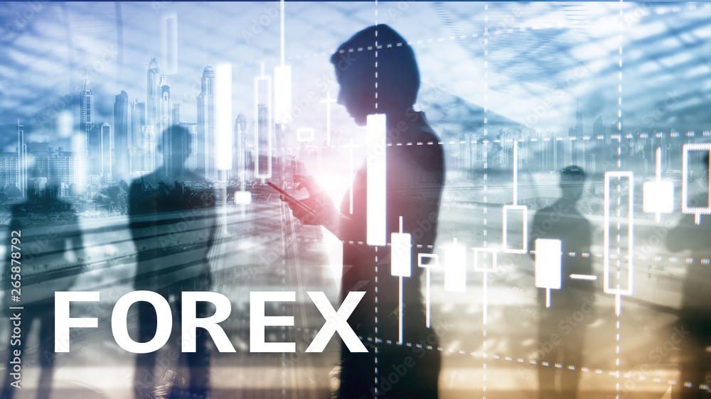 Fototapeta premium Forex trading, financial candle chart and graphs on blurred business center background.