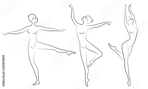 Collection. Silhouette of a cute lady, she is dancing ballet. The girl has a slim beautiful figure. Woman ballerina. Vector illustration set