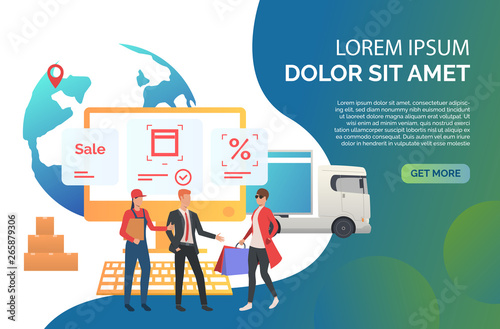 Consumer ordering goods in internet store. Sales agent, courier, shopper with bags. Online shop concept. Vector illustration can be used for topics like consulting, shopping, special offer