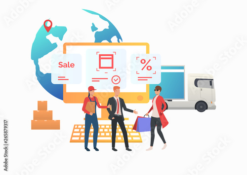 Courier and sales agent meeting consumer in internet store. Buying, purchasing, ordering, delivery. Online shop concept. Vector illustration can be used for topics like sale, service, consulting