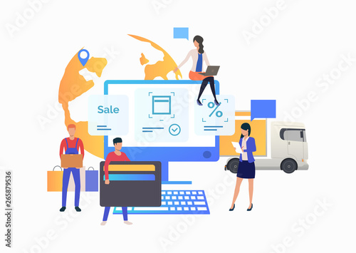 Team of online store working with customer. Buying, marketing, consulting, delivery. Online shop concept. Vector illustration can be used for topics like sale, shopping, purchasing