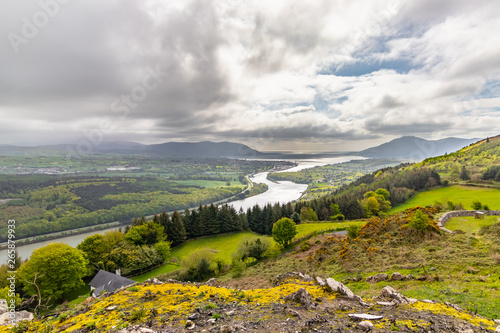 The Irish border, Flagstaff Viewpoint on Fatham Hill near Newry you have a wonderful view over Carlingford Lough, the Mourne Mountains and Cooley Mountains.