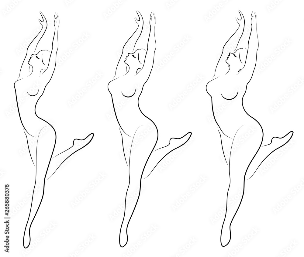 Collection. Silhouette of a cute lady, she is dancing ballet. A woman is overweight. The girl is plump, slim, thin. Woman ballerina, gymnast. Vector illustration set Collection. Silhouette of a cute lady, she is dancing ballet. A woman is overweight. The girl is plump, slim, thin. Woman ballerina, gymnast. Vector illustration set