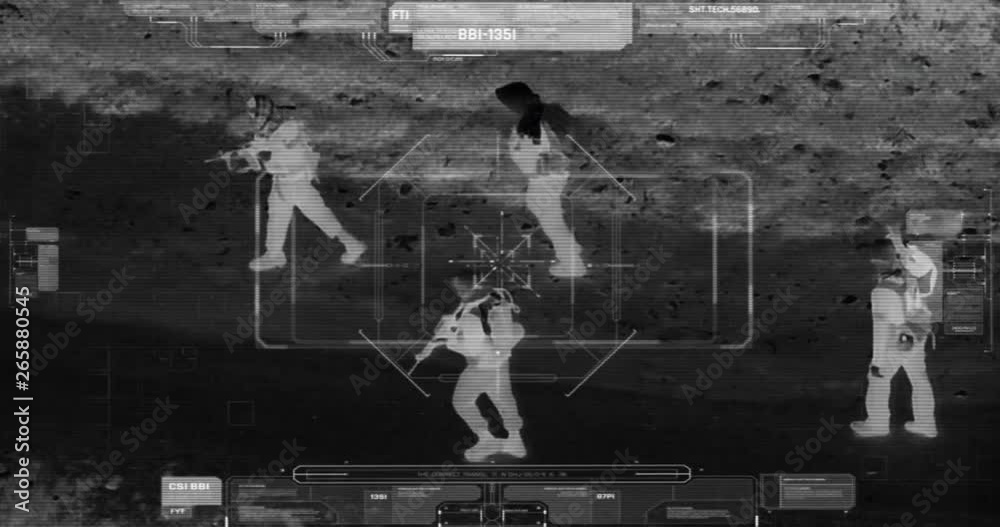 Drone with thermal night vision view of terrorists with camera zooming in