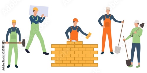 Set of builders, bricklayer and handymen working. Group of men wearing uniform and holding tools. Vector illustration for building work presentation slide, construction business design
