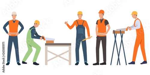 Set of builders, carpenters and handymen working. Group of men wearing uniform and holding tools. Vector illustration for building work presentation slide, construction business design