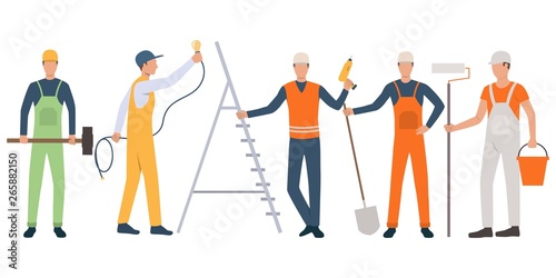 Set of builders, painter, electrician, painter and handymen working. Group of men wearing uniform and holding tools. Vector illustration for building work presentation slide, construction business