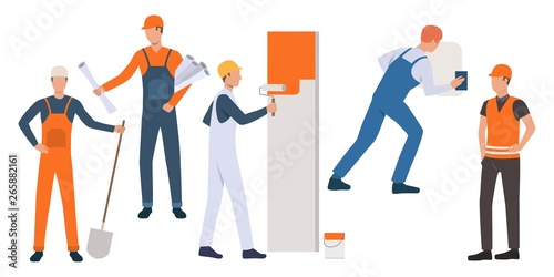 Set of builders, painter, handyman and architect working. Group of men wearing uniform and holding tools. Vector illustration for building work presentation slide, construction business design