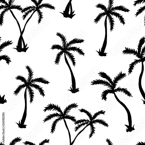 Vector illustration of a hand drawn palm trees. Seamless vector pattern with sihouette tropical palm trees