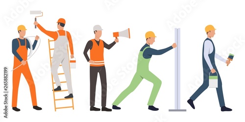 Set of builders, painters, electrician, foreman and handymen working. Group of men wearing uniform and holding tools. Vector illustration for building work presentation slide, construction business