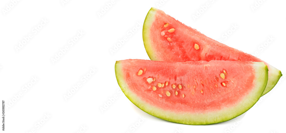 Watermelons slices isolated on white background. Free space for text. Wide photo .