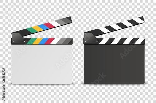 Vector 3d Realistic Opened White and Black Blank Movie Film Clap Board Icon Set Closeup Isolated on Transparent Background. Design Template of Clapperboard, Slapstick, Filmmaking Device. Front View