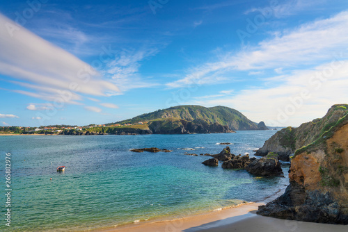 Spain, Galicia, LA Coruna, Meiras, view of beach and bay photo