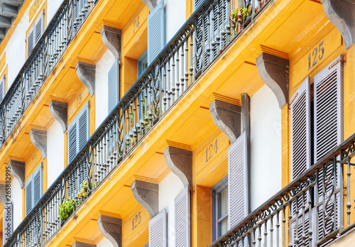 Spain, Basque Country, San Sebastian (Donostia), Plaza de la Constitucion, close up of typical balconies photo