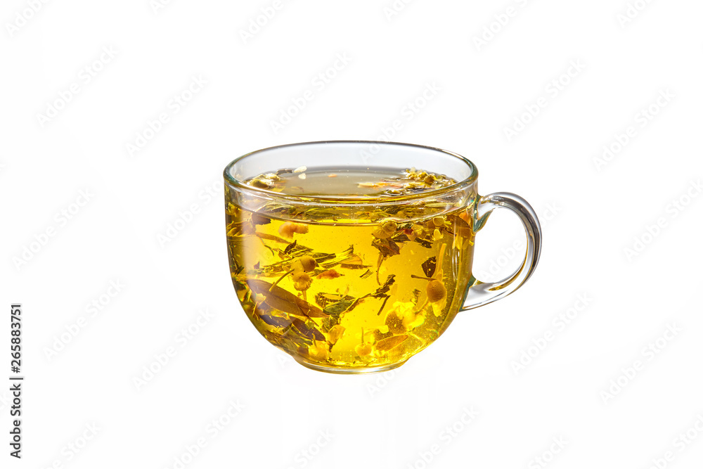 Glass cup of hot herbal tea isolated on white Glass cup of hot herbal tea isolated on white
