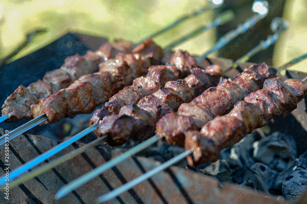 Hot kebab pinned on skewers lies on the grill