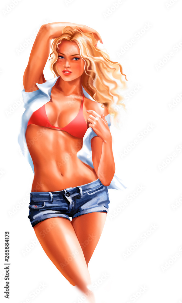 illustration on white background, sexy girl in short denim shorts smiling,  in beautiful pose, art Stock Illustration | Adobe Stock