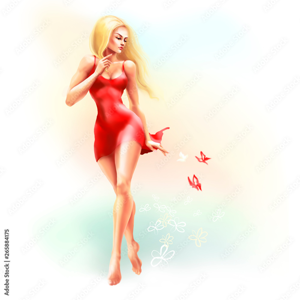 illustration, art, on white background, beautiful blonde in red dress looking at butterflies illustration, art, on white background, beautiful blonde in red dress looking at butterflies
