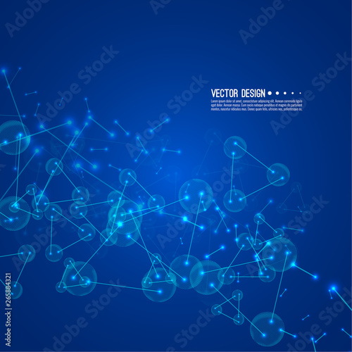 Molecule background with connected spherical particles, atoms. Vector molecular structure.  Chemical medical motion concept.