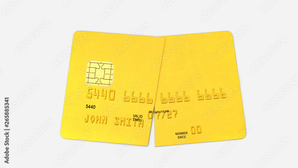 Credit card cut in half, gold plastic payment card isolated on white background, front view, 3D rendering Credit card cut in half, gold plastic payment card isolated on white background, front view, 3D rendering