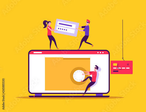 Concept of hacker attack, fraud investigation, internet phishing attack, evil win, personal privacy data, hacking and stealing email and money with tiny people. Vector illustration in flat design