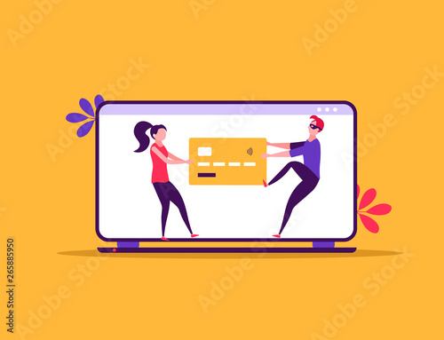 Concept of hacker attack, fraud investigation, internet phishing attack, evil win, personal privacy data, hacking and stealing email and money with tiny people. Vector illustration in flat design