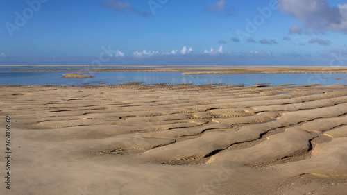 Rippled golden sand leading to still blue water under a blue sky with small white clouds