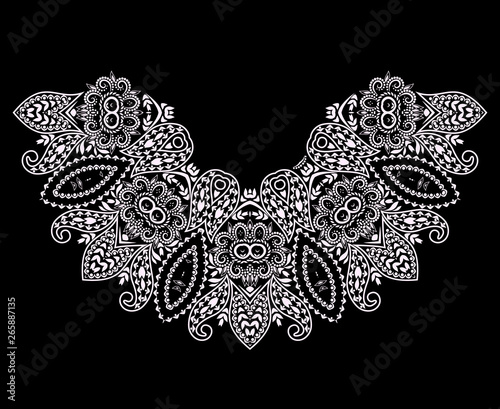 Neckline ethnic design. Geometric black and white lace pattern. Vector print with decorative elements and beads for embroidery, for women's clothing.	