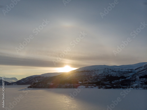 Frozen fjord in Fagernes, Lofoten Norway