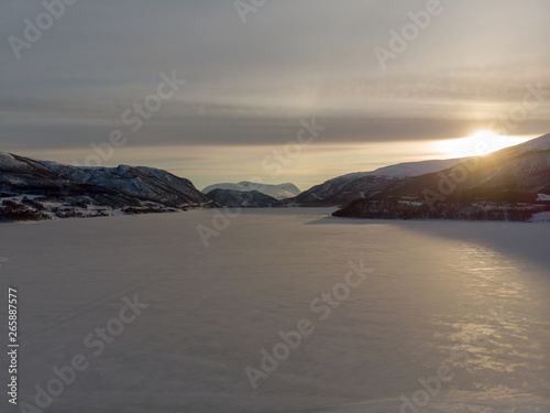 Frozen fjord in Fagernes, Lofoten Norway