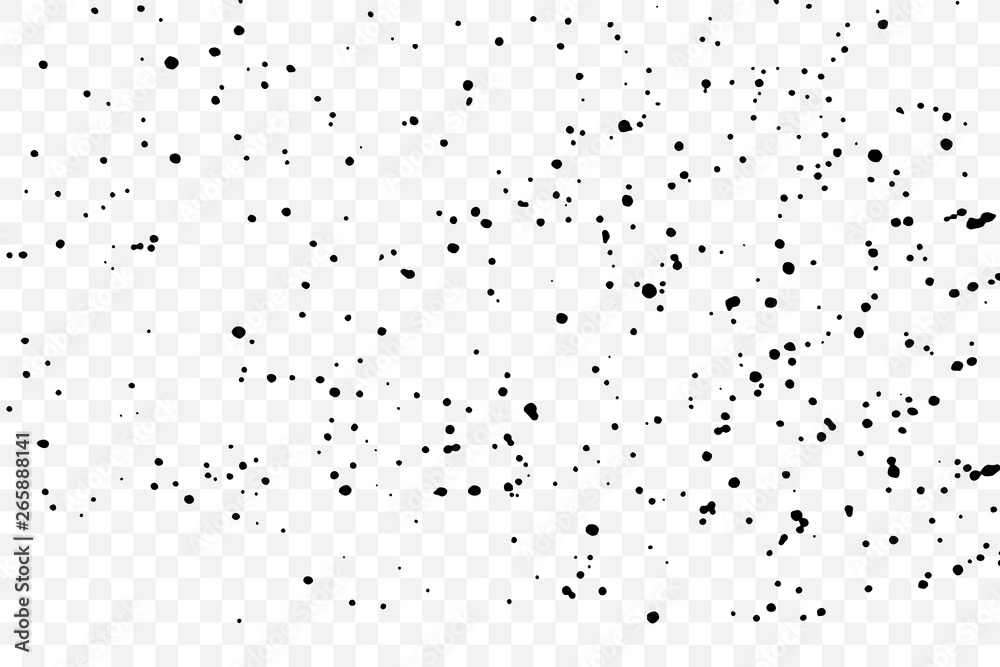 Black particles explosion isolated on transparent background. Abstract dust glitter overlay texture for holiday cards and flyers design. Dotted surface effect. Vector.