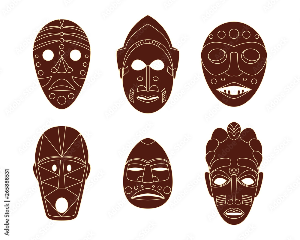 Set of brown flat tribal African masks on white background Set of brown flat tribal African masks on white background