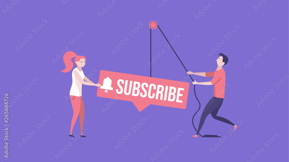 Concept of video blog, subscribe, bloggers, channel, internet marketing and social media marketing. Vector illustration in flat design with tiny people Concept of video blog, subscribe, bloggers, channel, internet marketing and social media marketing. Vector illustration in flat design with tiny people
