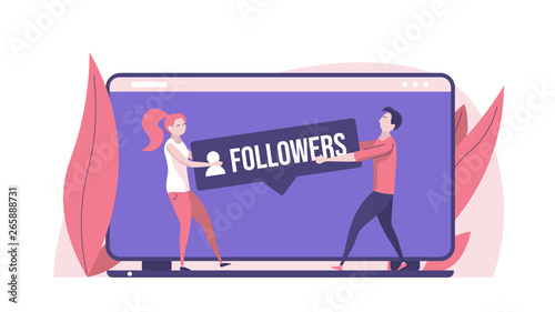 Concept of video blog, subscribe, bloggers, channel, internet marketing and social media marketing. Vector illustration in flat design with tiny people