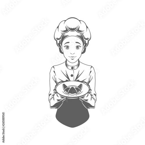 Chef woman giving croissant logo vector Illustration silhouette isolated on white background.