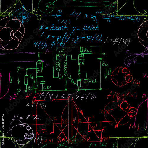 Scientific seamless color background with handwritten mathematical and physical formulas, electronic components, schematic diagram and circuit of  the devices. Electrician pattern in colour. Vector.