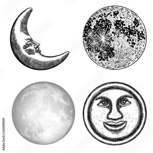 Set of hand drawn sketch of moon human like face or anthropomorphic planet and realistic stipple of the crescent  moon , isolated on white. Detailed vintage style stipple drawing. Vector.