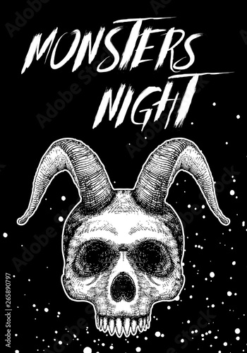Halloween holiday black card with demon skull. Hand drawn flyer posters and greeting card with handwritten lettering text words quote and phrase. Vector.