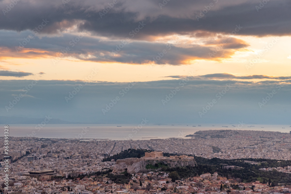 Athens sunset wide landscape and sea
