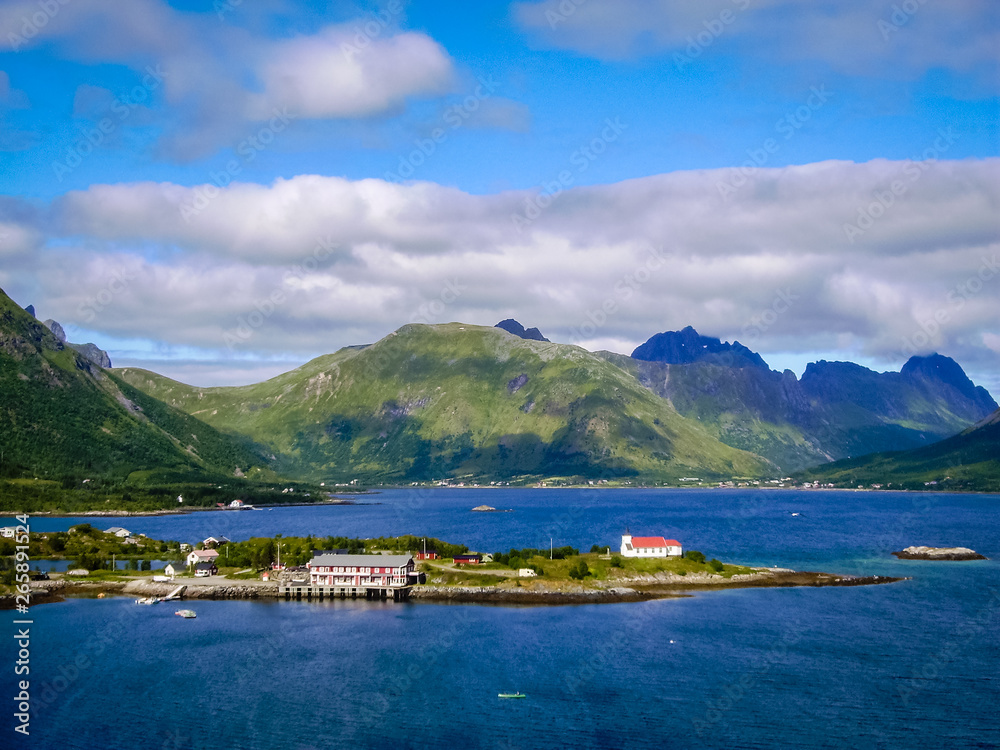 Norwegian village on the shore of the fjord