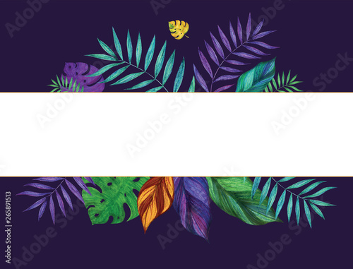 Blanc frame decorated with tropical leaves. Bright jungle plants in trendy colors. Hand drawn with colored pencils and markers.