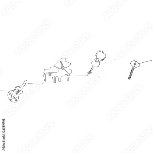 violin piano Acoustic guitar Mandolin One continuous line drawing of traditional Percussion music instruments concept single line draw design illustration