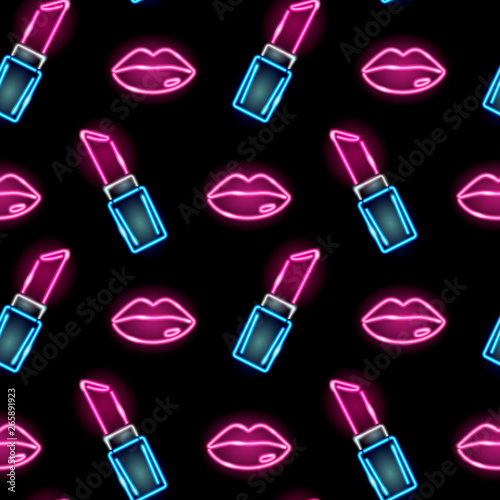 Seamless pattern with neon icons of lipstick and female lips on dark background. Cosmetics, girly, fachion, makeup concept. Vector 10 EPS illustration.